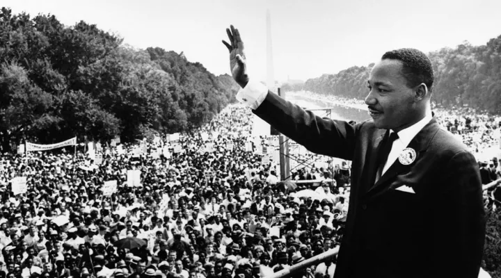 Martin Luther King Jr. addresses a crowd from the steps of the Lincoln Memorial where he delivered his famous, “I Have a Dream,”