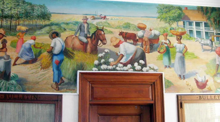 A mural entitled "Past and Present Agriculture and Industry of Colleton County" painted by Sheffield Kagy in 1938 