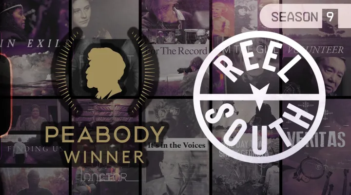 peabody award and reel south logos with reel south documentary images in background