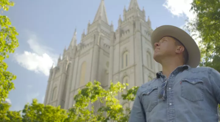 Gabe in front of a church