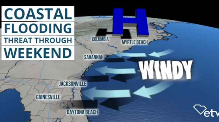 forecast map showing winds coming from the atlantic ocean