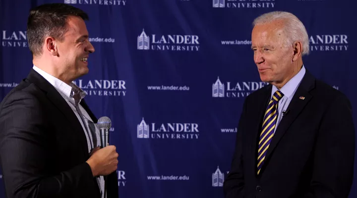 SCETVs Gavin Jackson speaks with former Vice President Joe Biden in Greenwood, S.C. on Nov. 21, 2019. 