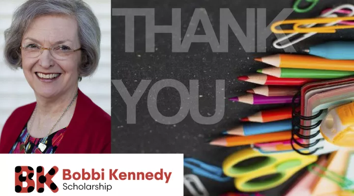 image of bobbi kennedy with school supplies that read thank you