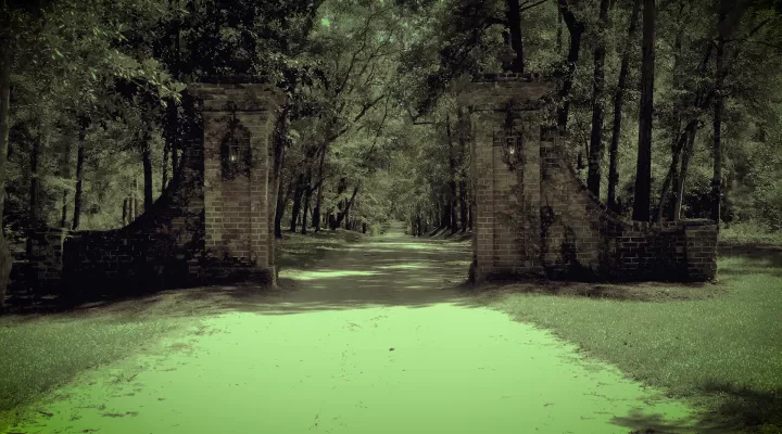 Spooky photograph of a brick wall and wrought iron gates in South Carolina's Lowcountry.