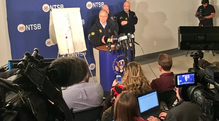 NTSB Chairman Robert Sumwalt addresses the media on Feb 5, 2018.