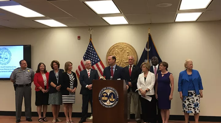 South Carolina Attorney General Alan Wilson announces the consolidation of victim services agencies into his office on Friday.