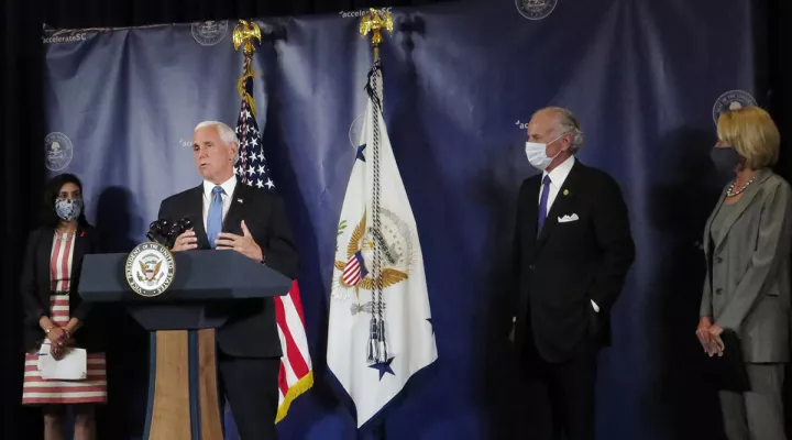 Vice President Mike Pence in Columbia on July21, 2020.  Right of him are SC Gov. Henry McMaster, and US Secretary of Education Betsy DevVos