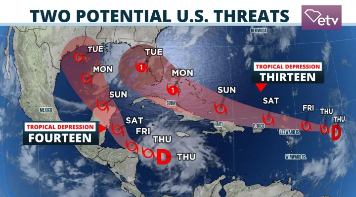 Tropical Depression 13 and 14 Forecast Cones