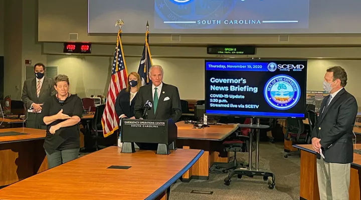 Gov. Henry McMaster and other state officials during a briefing on November 19, 2020.