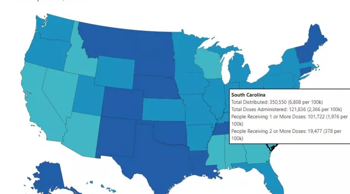This map shows South Carolina's slow COVID vaccine rollout as measured by the CDC, as of Jan. 19. The state is second-to-last in vaccinating its residents.
