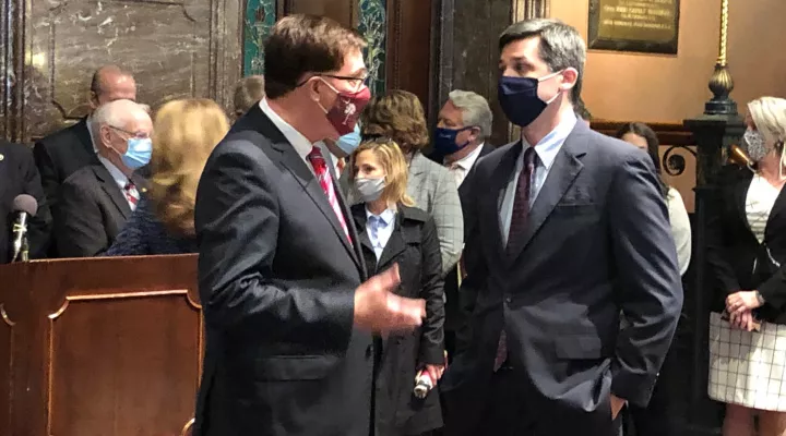 House Speaker Jay Lucas (L) and Senate Republican Leader Shane Massey discuss the Fetal Heartbeat Bill at the Statehouse on Wednesday, Jan. 26th.