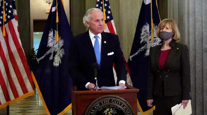 Gov. Henry McMaster and State Superintendent of Education of Molly Spearman hold a press conference on February 4, 2021, in support of opening schools for full in-person instruction.