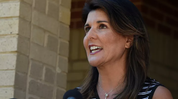 Former South Carolina Gov. Nikki Haley speaks with reporters after a tour of the campus of South Carolina State University on Monday, April 12, 2021, in Orangeburg, S.C. Haley, often mentioned as a possible 2024 GOP presidential contender, said Monday that she would not seek her party's nomination if former President Donald Trump opts to run a second time. (AP Photo/Meg Kinnard)
