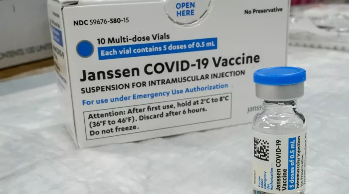 FILE - In this Thursday, April 8, 2021 file photo, the Johnson & Johnson COVID-19 vaccine sits on a table at a pop up vaccinations site the Albanian Islamic Cultural Center,  in the Staten Island borough of New York. The U.S. is recommending a “pause” in administration of the single-dose Johnson & Johnson COVID-19 vaccine to investigate reports of potentially dangerous blood clots. (AP Photo/Mary Altaffer, File)