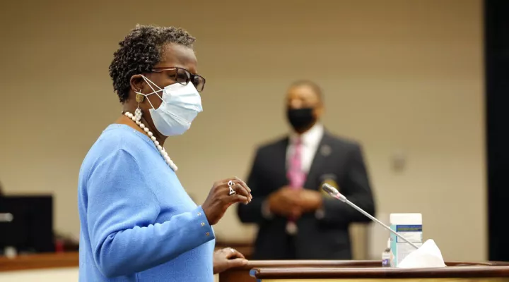 State Rep. Gilda Cobb-Hunter, D-Orangeburg, speaks about a bill she sponsored that would expand voting in the South Carolina, Thursday, April 15, 2021, in Columbia, S.C. Republicans held a hearing on the bill, but only allowed less than an hour of testimony. (AP Photo/Jeffrey Collins)