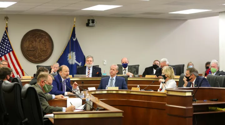 South Carolina Sen. Sean Bennett, R-Summerville, speaks during a Senate Finance Committee meeting on Tuesday, April 20, 2021, in Columbia, S.C. The Senate Finance Committee approved its version of the state's roughly $10 billion spending plan for the next fiscal year. (AP Photo/Jeffrey Collins)