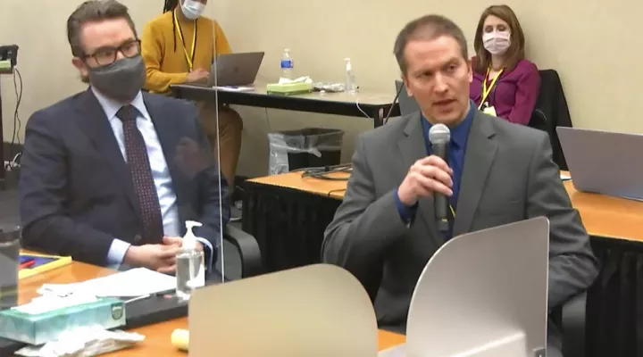 FILE - In this April 15, 2021, file image from video, defense attorney Eric Nelson, left, and former Minneapolis police Officer Derek Chauvin address Judge Peter Cahill at the courthouse in Minneapolis during Chauvin's trial in the death of George Floyd. (Court TV via AP, Pool, File)