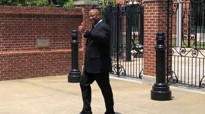 FILE - In this Tuesday, May 21, 2019, file photo, suspended Chester County Sheriff Alex Underwood gives a thumbs-up as he walks out of the federal courthouse in Columbia, S.C. On Friday, April 23, 2201, the former South Carolina sheriff was convicted in federal court of abusing his power and stealing money from government programs. Underwood is the 13th sheriff in South Carolina to be convicted of criminal charges since 2010. (AP Photo/Jeffrey Collins, File)