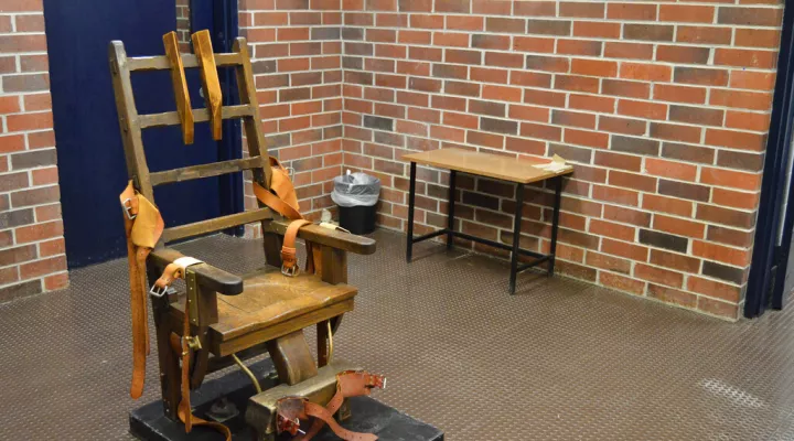 FILE - This March 2019, file photo, provided by the South Carolina Department of Corrections shows the state's electric chair in Columbia, S.C. South Carolina House members may soon debate whether to restart the state's stalled death penalty with the electric chair and whether to add a firing squad to the execution methods. The state's House Judiciary Committee approved a bill Tuesday, April 27, 2021, that would let condemned inmates choose death by being shot in the heart by several sharpshooters.  (Kinar…