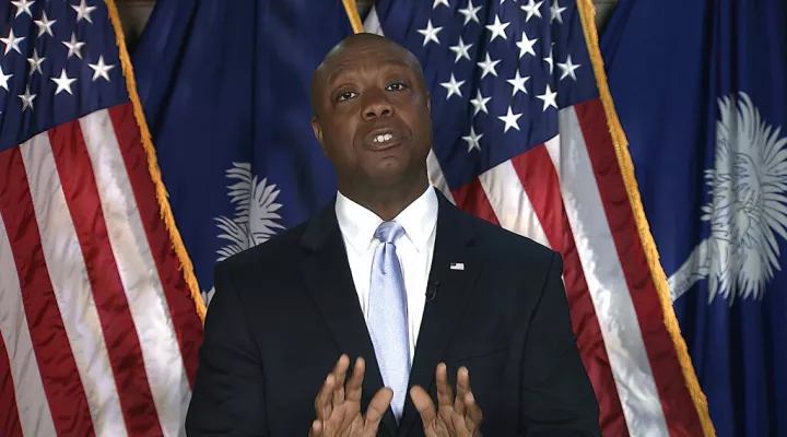 In this image from Senate Television video, Sen. Tim Scott, R-S.C., delivers the Republican response to President Joe Biden's speech to a joint session of Congress on Wednesday, April 28, 2021, in Washington. (Senate Television via AP)