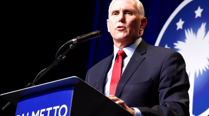 In his first public speech since leaving office, former Vice President Mike Pence speaks at a dinner hosted by Palmetto Family on Thursday, April 29, 2021, in Columbia, S.C. (AP Photo/Meg Kinnard)