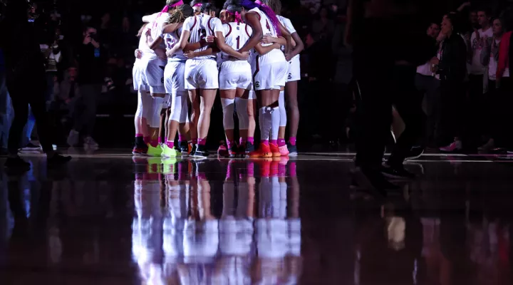 South Carolina Lady Gamecocks gather before the start of an NCAA college basketball game against LSU Thursday, Feb. 20, 2020, in Columbia, S.C. (AP Photo/Richard Shiro)