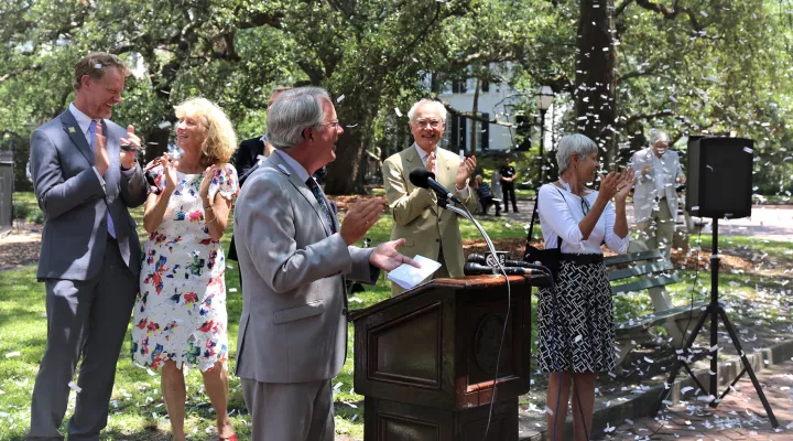  Charleston Mayor John Tecklenburg announces the opening of the 45th Spoleto Festival USA at Washington Square in Charleston on May 28, 2021.