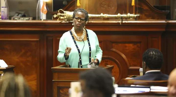 South Carolina Rep. Gilda Cobb-Hunter, D-Orangeburg, asks lawmakers to put a $1,200 bonus for state workers making under $50,000 a year into the budget on Wednesday, June 9, 2021, in Columbia, S.C. The proposal failed. (AP Photo/Jeffrey Collins)