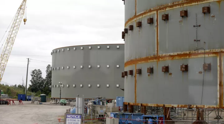 FILE - In this Sept. 21, 2016 file photo, parts of a containment building for the V.C. Summer Nuclear Station is shown near Jenkinsville, S.C., during a media tour of the facility. A former official for the contractor hired to build two nuclear reactors at the V.C. Summer plant that were never completed, pleaded guilty Thursday, June 10, 2021, to lying to federal authorities.(AP Photo/Chuck Burton, File)