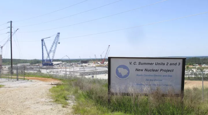 FILE - Construction is well underway for two new nuclear reactors at the V.C. Summer Nuclear Station in Jenkinsville, S.C. on Monday, April 9, 2012. The South Carolina House is insisting the state continue to accept offers to sale Santee Cooper, meaning the fate of a bill to overhaul the state-owned utility will go down to the wire at this year's session. (AP Photo/Jeffrey Collins)