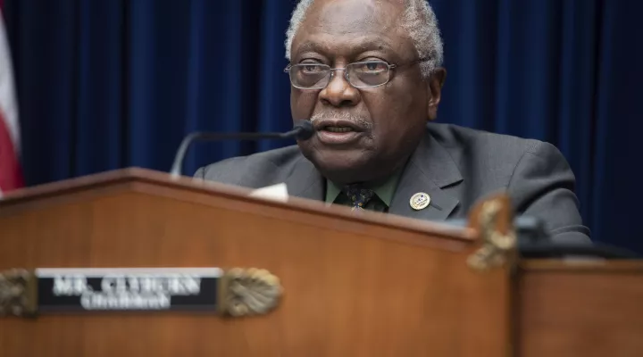 Chairman Rep. James Clyburn, D-S.C., speaks as Federal Reserve Board chairman Jerome Powell testifies on the Federal Reserve's response to the coronavirus pandemic during a House Oversight and Reform Select Subcommittee on the Coronavirus hearing on Capitol Hill in Washington, Tuesday,  June 22, 2021. (Saul Loeb/Pool via AP)