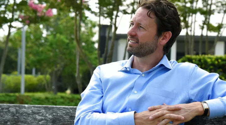 Former U.S. Rep. Joe Cunningham talks during an interview with The Associated Press about his campaign for South Carolina governor on Saturday, July 10, 2021, in Mount Pleasant, S.C. Cunningham says he wants to legalize marijuana in South Carolina, something he says would provide healthcare options, create jobs and generate millions in revenue for the state. (AP Photo/Meg Kinnard)