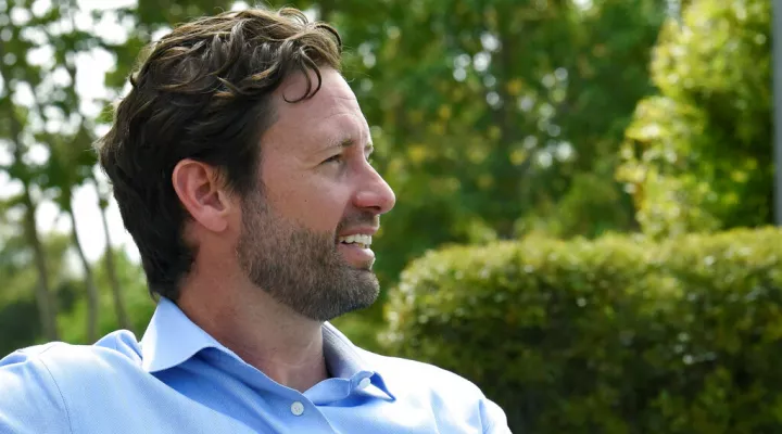 Former U.S. Rep. Joe Cunningham talks during an interview with The Associated Press about his campaign for South Carolina governor on Saturday, July 10, 2021, in Mount Pleasant, S.C. Cunningham says he wants to legalize marijuana in South Carolina, something he says would provide healthcare options, create jobs and generate millions in revenue for the state. (AP Photo/Meg Kinnard)