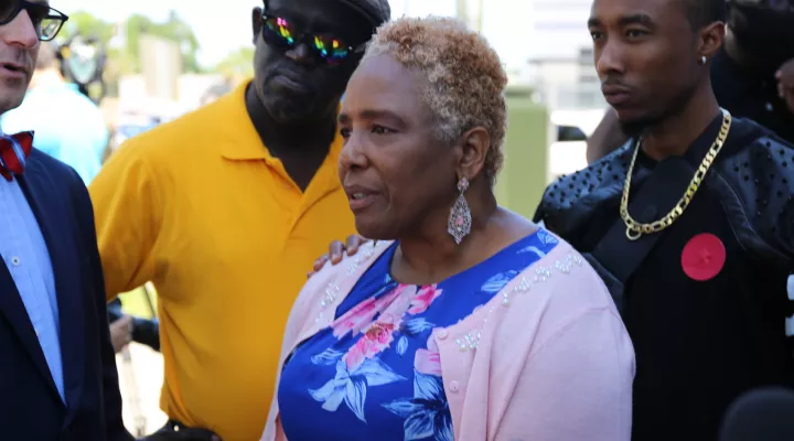  Jamal Sutherland's mother Amy surrounded by family at a press conference May 14th, the day after the body cam video of his death was first released.  The press conference was held at the Al Cannon Detention Center in North Charleston where Sutherland died.