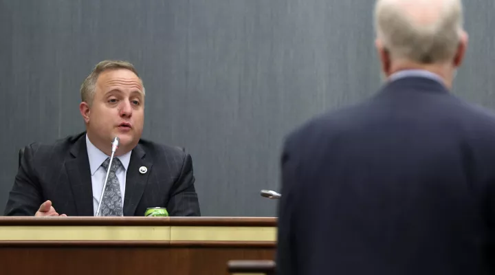  FILE - In this April 21, 2021, file photo, state Rep. Russell Fry, left, R-Surfside Beach, asks a question of South Carolina Senior Assistant Deputy Attorney General Don Zelenka during a hearing in Columbia, S.C. Fry is mounting a primary challenge to U.S. Rep. Tom Rice, saying the five-term Republican broke his constituents' trust by voting to impeach former President Donald Trump earlier this year. (AP Photo/Jeffrey Collins, File)