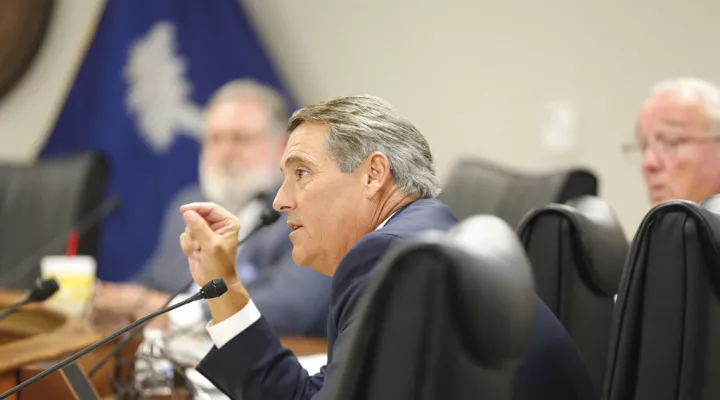 South Carolina Sen. Ross Turner, R-Greenville, speaks at a Senate subcommittee discussing how to spend the state's $2.5 billion share of federal COVID-19 relief money on Tuesday, Aug. 3, 2021, in Columbia, S.C. Lawmakers hope to finalize the spending plan in a special session this fall. (AP Photo/Jeffrey Collins)