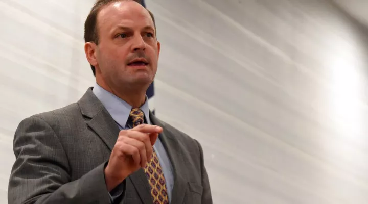 FILE - In this April 30, 2021 file photo, South Carolina Attorney General Alan Wilson speaks to attendees at the Richland County GOP convention in Columbia, S.C.  The University of South Carolina can't lawfully require students and staff to wear face coverings on campus this fall, despite increasing cases of coronavirus, thanks to recent legislative action, according to the state's top prosecutor. (AP Photo/Meg Kinnard)