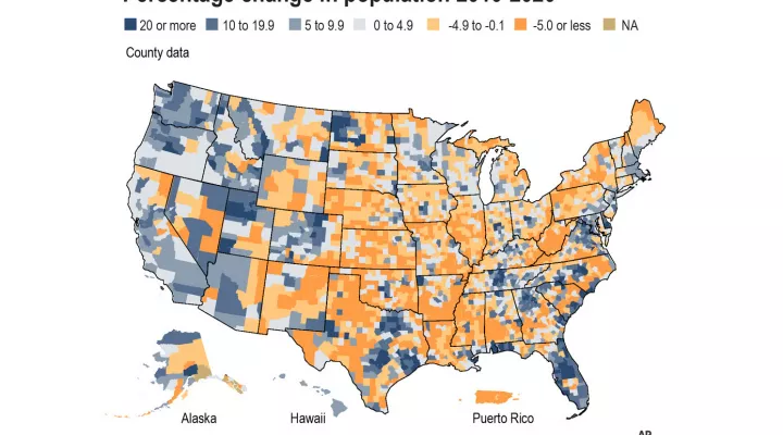 A county map of the United States and  Puerto Rico  shows percentage change in population  2010 to 2020.