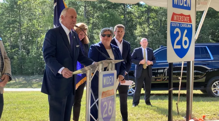 South Carolina Gov. Henry McMaster speaks during a news conference standing next to Exit 129 on Interstate 26 south of Columbia, South Carolina on Thursday, September 2, 2021. McMaster joined state transportation officials and business leaders Thursday to call on state lawmakers to put $360 million of the state's federal COVID-19 relief dollars toward jumpstarting the I-26 expansion project. (AP Photo/Michelle Liu)