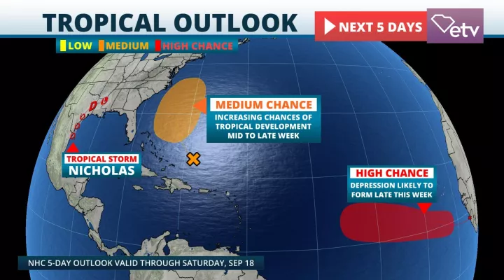  Nicholas Nears Texas; Systems likely to form east of the Carolinas and near the coast of Africa later this week