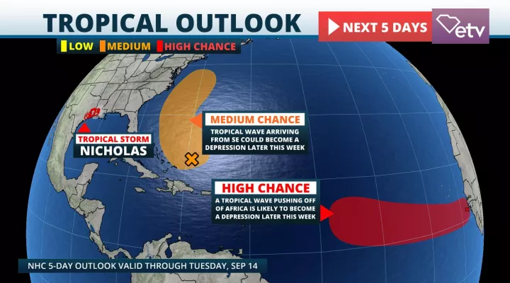  Nicholas moves east along the Gulf Coast with flash flooding; two other disturbances are likely to become depressions soon.