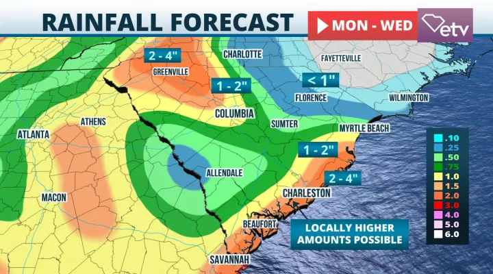  Rainfall forecast Monday through Wednesday