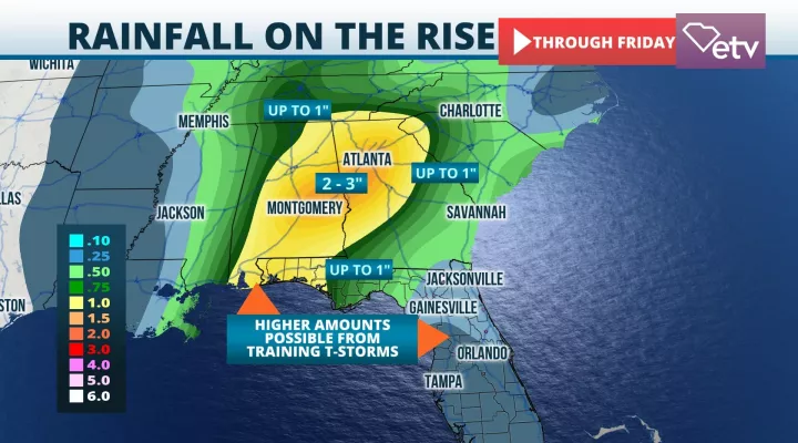  The heaviest rain is likely over the Upstate and western Midlands this week.