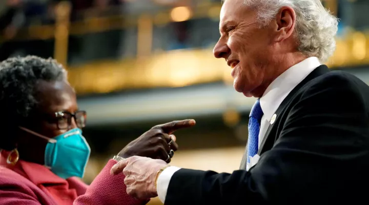 South Carolina State House Rep. Gilda Cobb-Hunter, D-Orangeburg, greets Republican Gov. Henry McMaster ahead of his State of the State address on Wednesday, Jan. 19, 2022, in Columbia, S.C. (AP Photo/Meg Kinnard)