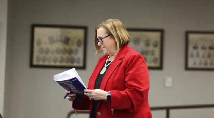 Palmetto State Teachers Association Executive Director Kathy Maness speaks to a South Carolina Senate subcommittee on Wednesday, Feb. 2, 2022, in Columbia, S.C. Maness is also a Republican candidate for education superintendent. (AP Photo/Jeffrey Collins)
