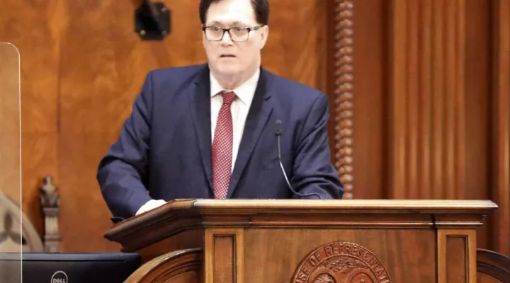 South Carolina House Speaker Jay Lucas, R-Hartsville, opens the House session just before announcing this will be his last session during a speech on Tuesday, March 15, 2022, in Columbia, S.C. (AP Photo/Jeffrey Collins)