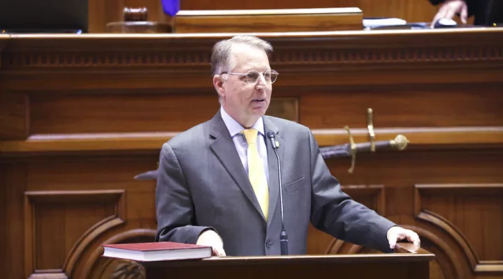 South Carolina Sen. Mike Fanning, D-Great Falls, speaks about a bill creating education savings accounts on Thursday, March 24, 2022, in Columbia, S.C. (AP Photo/Jeffrey Collins)