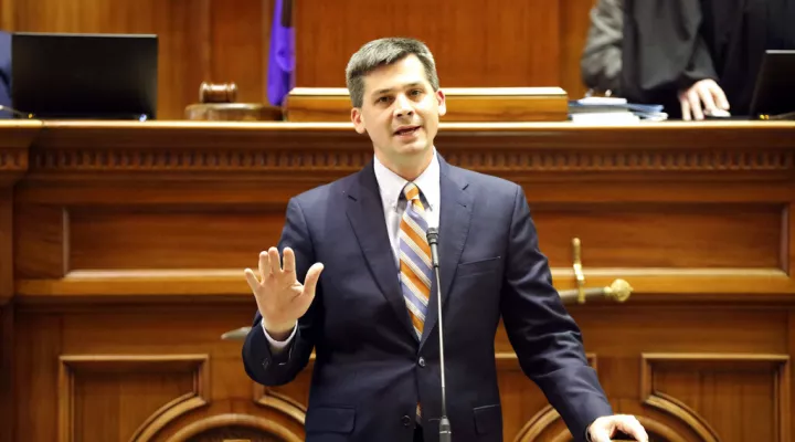 South Carolina Senate Majority Leader Shane Massey, R-Edgefield, speaks during a debate over a bill that would allow parents to spend public money for private or out-of-district schools on Wednesday, March 30, 2022, in Columbia, S.C. (AP Photo/Jeffrey Collins)