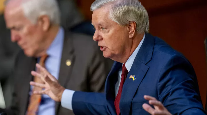 Sen. Lindsey Graham, R-S.C., right, accompanied by Sen. John Cornyn, R-Texas, left, questions Supreme Court nominee Ketanji Brown Jackson during her Senate Judiciary Committee confirmation hearing on Capitol Hill in Washington, Wednesday, March 23, 2022. (AP Photo/Andrew Harnik)