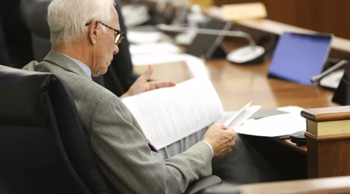 South Carolina Rep. Jerry Carter, R-Clemson, looks over an amendment to a bill that would allow medical marijuana in the state at a subcommittee meeting on Thursday, March 31, 2022, in Columbia, S.C. (AP Photo/Jeffrey Collins)
